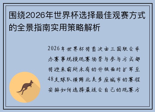 围绕2026年世界杯选择最佳观赛方式的全景指南实用策略解析